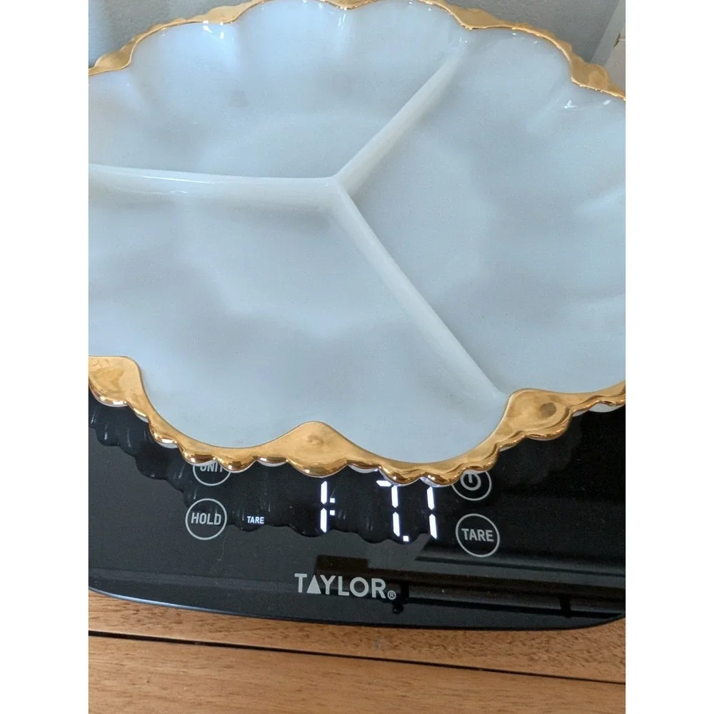 Vintage Fire King Milk Glass Divided Dish Plate‎ Gold Trim Anchor Hocking 10 in